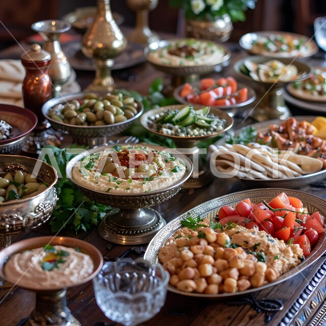 مائدة طعام تحتوي على أنواع مختلفة من الحواضر والمأكولات الشهية الأخرى، سفرة إفطار في الصباح الباكر بأصناف من المأكولات الشهية، اتباع حمية غذائية بسعرات حرارية قليلة، الخضراوات الطازجة للمساعدة على خسارة الوزن، وجبة فطور صحية مليئة بالفوائد والفيتامينات