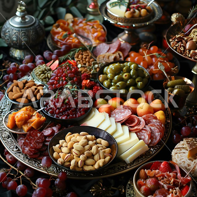 طبق طعام مليء بالفواكه الطازجة والمكسرات، سناكات خفيفة وصحية غنية بالعناصر الغذائية الهامة، فطور صباحي على الطريقة السعودية، الفن في تقديم الاطعمة والتزيين على الطراز الشرقي، المطاعم الفاخرة في المملكة العربية السعودية 