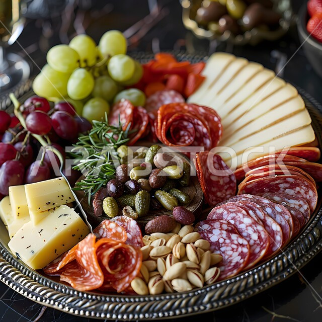 طبق طعام مليء بالفواكه الطازجة والمكسرات، سناكات خفيفة وصحية غنية بالعناصر الغذائية الهامة، فطور صباحي على الطريقة السعودية، الفن في تقديم الاطعمة والتزيين على الطراز الشرقي، المطاعم الفاخرة في المملكة العربية السعودية 