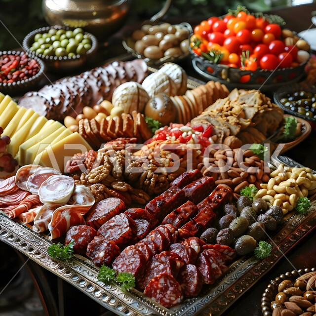 طبق طعام مليء بالفواكه الطازجة والمكسرات، سناكات خفيفة وصحية غنية بالعناصر الغذائية الهامة، فطور صباحي على الطريقة السعودية، الفن في تقديم الاطعمة والتزيين على الطراز الشرقي، المطاعم الفاخرة في المملكة العربية السعودية 