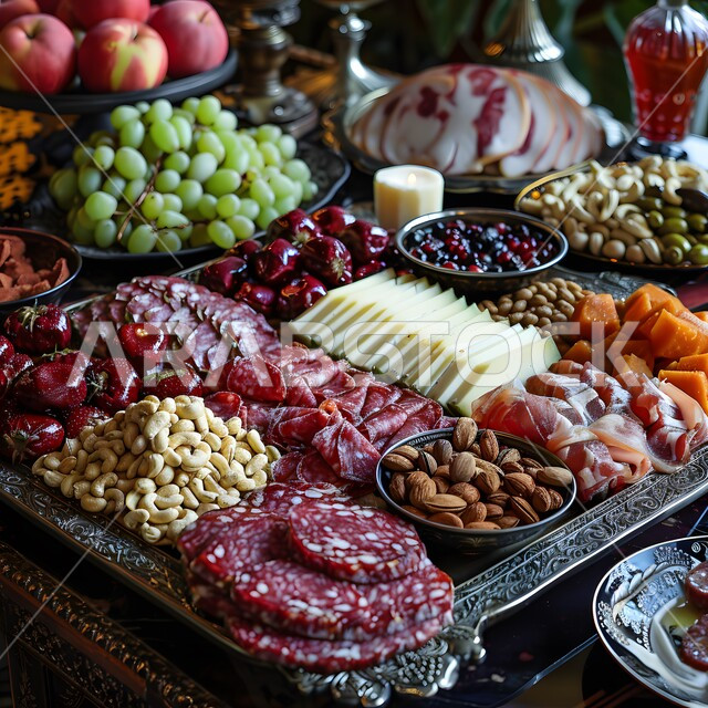 A plate full of fresh fruits and nuts, light and healthy snacks rich in important nutrients, a Saudi breakfast, the art of presenting food and decorating in the oriental style, luxury restaurants in the Kingdom of Saudi Arabia
