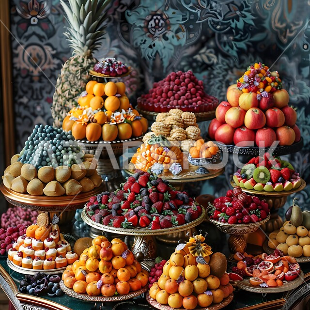 وجبات خفيفة باردة منعشة في فصل الصيف، فنون تقديم وترتيب الأطباق، مائدة طعام مليئة بقطع الفاكهة الموسمية المتنوعة، محاصيل وثمار وطنية محلية سعودية، طبق سلطة الفواكه اللذيذ، بوفيه مفتوح يحتوي على أنواع مختلفة من الفاكهة الطازجة