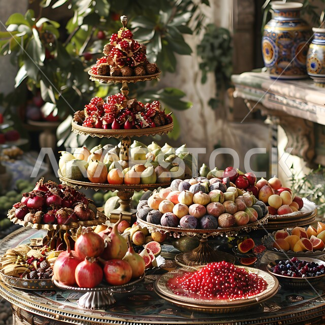 وجبات خفيفة باردة منعشة في فصل الصيف، فنون تقديم وترتيب الأطباق، مائدة طعام مليئة بقطع الفاكهة الموسمية المتنوعة، محاصيل وثمار وطنية محلية سعودية، طبق سلطة الفواكه اللذيذ، بوفيه مفتوح يحتوي على أنواع مختلفة من الفاكهة الطازجة