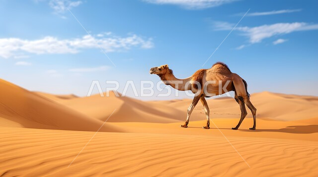 Camel and camel breeding in nature reserves in the Kingdom of Saudi Arabia, purebred Arabian camel in the middle of the desert during the day, hills and sand dunes, soft golden sand, care and attention to livestock and mammals in the desert