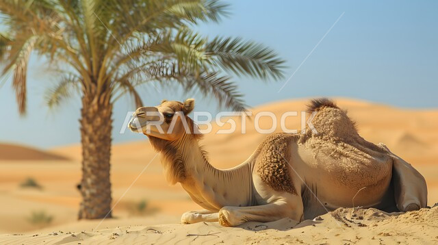 تربية الجمال والابل في المحميات الطبيعية في المملكة العربية السعودية ، جمل عربي أصيل  وسط الصحراء في النهار، التلال و الكثبان الرملية، الرمال الذهبية الناعمة، الاهتمام ورعاية المواشي والثدييات في الصحاري