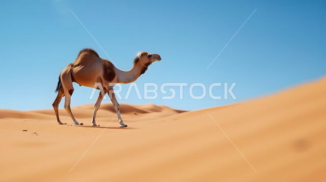 تربية الجمال والابل في المحميات الطبيعية في المملكة العربية السعودية ، جمل عربي أصيل  وسط الصحراء في النهار، التلال و الكثبان الرملية، الرمال الذهبية الناعمة، الاهتمام ورعاية المواشي والثدييات في الصحاري