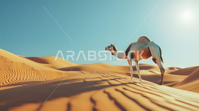 تربية الجمال والابل في المحميات الطبيعية في المملكة العربية السعودية ، جمل عربي أصيل  وسط الصحراء في النهار، التلال و الكثبان الرملية، الرمال الذهبية الناعمة، الاهتمام ورعاية المواشي والثدييات في الصحاري