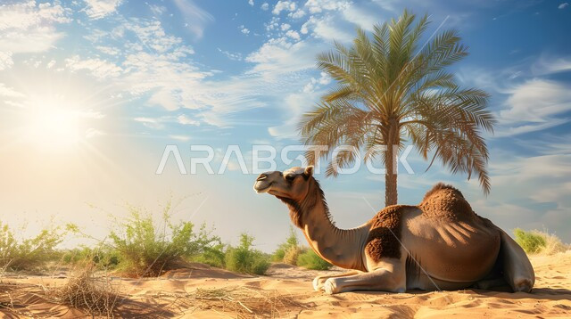 تربية الجمال والابل في المحميات الطبيعية في المملكة العربية السعودية ، جمل عربي أصيل  وسط الصحراء في النهار، التلال و الكثبان الرملية، الرمال الذهبية الناعمة، الاهتمام ورعاية المواشي والثدييات في الصحاري