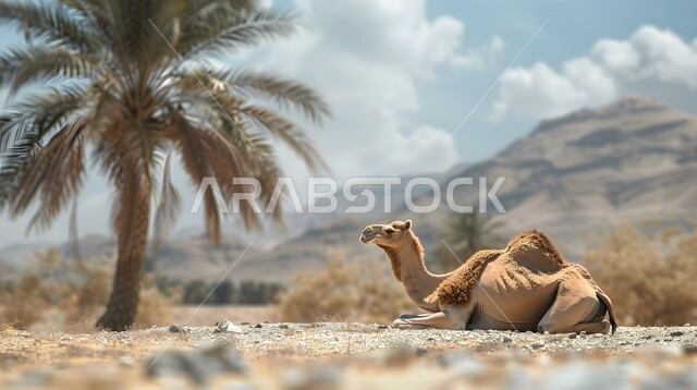 تربية الجمال والابل في المحميات الطبيعية في المملكة العربية السعودية ، جمل عربي أصيل  وسط الصحراء في النهار، التلال و الكثبان الرملية، الرمال الذهبية الناعمة، الاهتمام ورعاية المواشي والثدييات في الصحاري