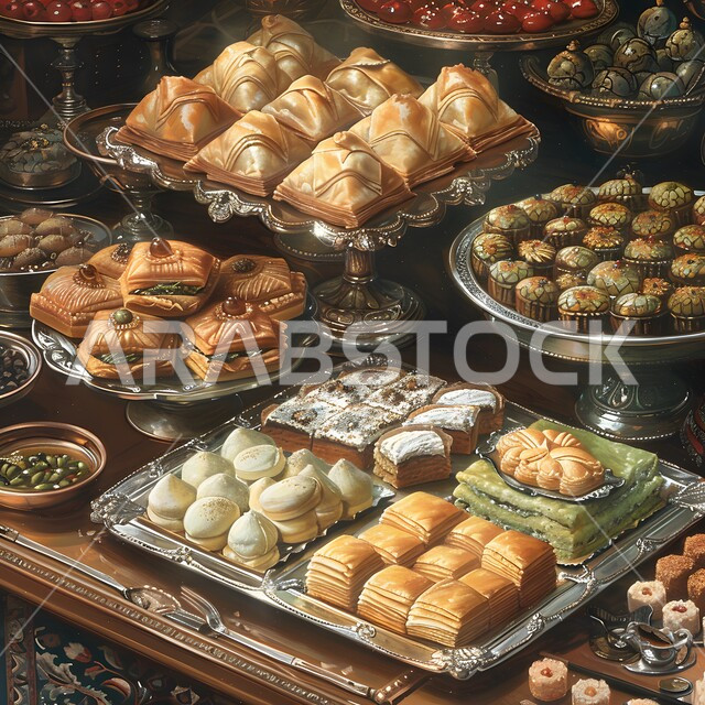 ضيافة الأعياد والمناسبات في المملكة العربية السعودية, أصناف وأنواع مختلفة ومتنوعة من الحلا الشرقي، بوفيه مفتوح من الحلوى العربية الشهية, فنون تقديم الحلى في المطاعم العربية, أكلات غنية بالسكريات والسعرات الحرارية, صورة مقربة لمائدة مملوءة بالحلويات اللذيذة