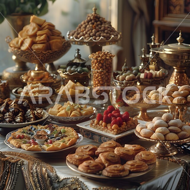 Hospitality for holidays and occasions in the Kingdom of Saudi Arabia, different and varied types and varieties of oriental sweets, an open buffet of delicious Arabic sweets, the art of presenting sweets in Arabic restaurants, foods rich in sugars and calories, a close-up photo of a table filled with delicious sweets
