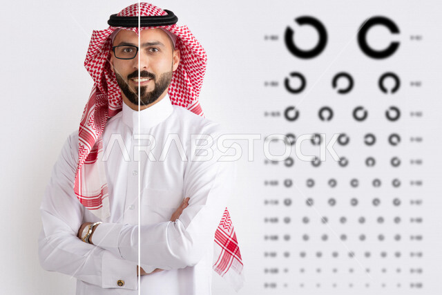 صورة مقربة لطبيب بصريات عربي خليجي سعودي يقف بجانب لوحة فحص نظر العيون ،تم فصل الوجه و تحديد اطار نظارة لاحدى العينين ، علم البصريات ، الابداع  و التفوق في مجال البصريات .