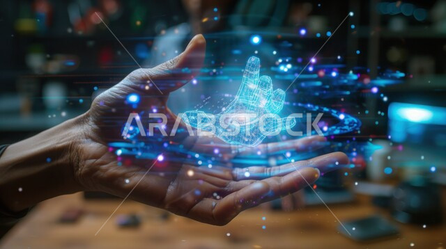 التطور والتقدم التكنولوجي، صورة مقربة ليد انسان يحمل كف رقمي ثلاثي الابعاد مضيء باللون الأزرق، مفهوم كيفية تعامل الانسان في البيئة المتقدمة، رؤية مستقبلية2030