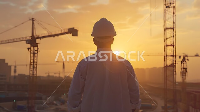 مصانع تكرير البترول في المملكة العربية السعودية، مفهوم العمل في القطاع الهندسي الصناعي، صورة ظلية لمهندس عربي خليجي سعودي يرتدي خوذة وسترة الحماية يقوم بالاشراف على عمل الآلات، جودة المعدات في معامل استخرج النفط، التقنيات الحديثة في انتاج الزيوت والغاز 