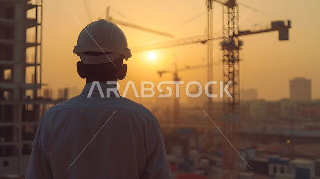 مصانع تكرير البترول في المملكة العربية السعودية، مفهوم العمل في القطاع الهندسي الصناعي، صورة ظلية لمهندس عربي خليجي سعودي يرتدي خوذة وسترة الحماية يقوم بالاشراف على عمل الآلات، جودة المعدات في معامل استخرج النفط، التقنيات الحديثة في انتاج الزيوت والغاز 