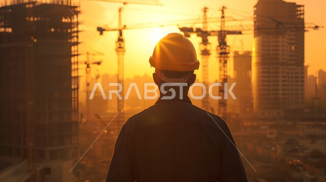 مصانع تكرير البترول في المملكة العربية السعودية، مفهوم العمل في القطاع الهندسي الصناعي، صورة ظلية لمهندس عربي خليجي سعودي يرتدي خوذة وسترة الحماية يقوم بالاشراف على عمل الآلات، جودة المعدات في معامل استخرج النفط، التقنيات الحديثة في انتاج الزيوت والغاز 