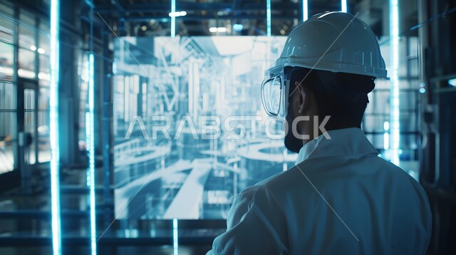 Modern technological growth and progress, back view of a Saudi Arabian Gulf man wearing a white coat, helmet and goggles, modern architectural art