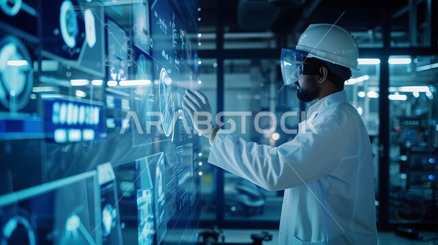 النمو والتقدم التكنولوجي الحديث، صورة من الخلف لرجل عربي