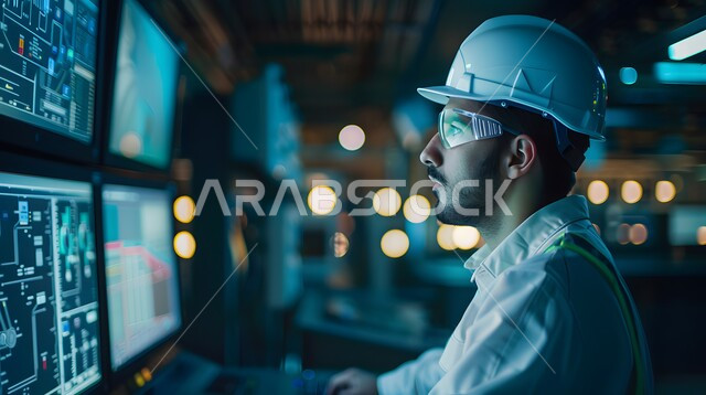 Clicking on a large illuminated electronic screen, different holographic icons, a close-up of a Saudi Arabian Gulf businessman wearing a safety helmet and a white coat, supervising his projects with an expression of self-confidence