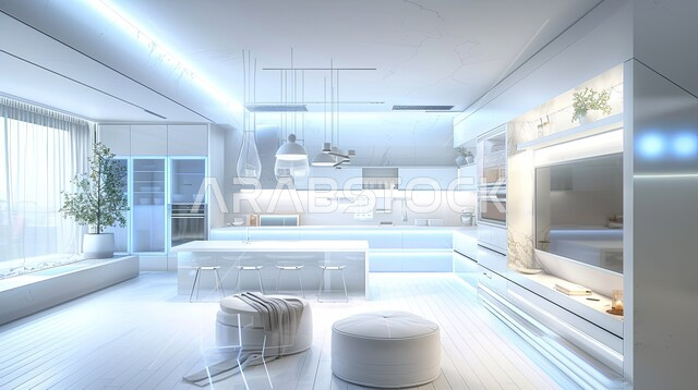 Integrating artificial intelligence with interior home decorations, using advanced devices in contemporary homes, a home with elegant white furniture and advanced technologies, the concept of development and keeping up with electronics, modern designs for smart homes, digital transformation in architectural arts