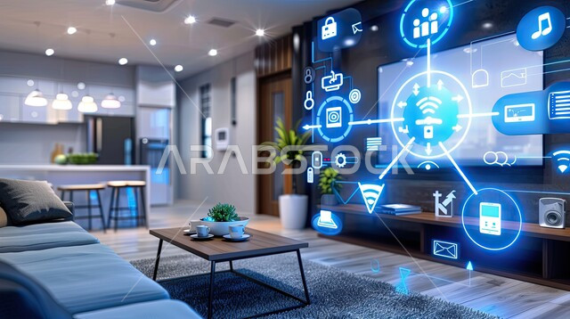 استخدام الاجهزة المتطورة في البيوت المعاصرة، دمج الذكاء الاصطناعي مع الديكورات المنزلية الداخلية، منزل بأثاث ابيض انيق وتقنيات متقدمة، مفهوم التطور ومواكبة الالكترونيات, تصاميم عصرية للمنازل الذكية, خلفية الأيقونات الهولوجرامية ثلاثية الأبعاد