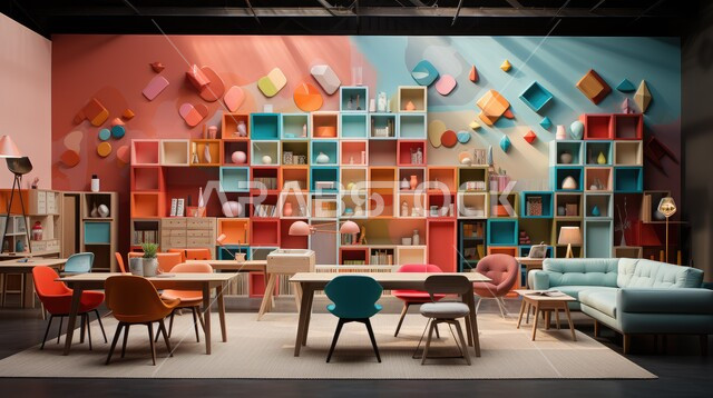 غرفة دراسية بديكورات وتصاميم داخلية عصرية، تصميم عصري حديث وراقي, أثاث مكتبي بألوان مختلفة ومتناغمة، أماكن ثقافية وقاعات للدراسة في المملكة العربية السعودية، الطاولات الخشبية المحاطة بالكراسي الملونة، الاكسسسوارات واللوحات الصاخبة بالألوان
