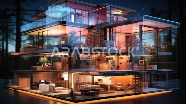 الواجهات الزجاجية الكبيرة المطلة على الخارج، التصاميم الحديثة للفلل والشقق السكنية في المملكة العربية السعودية، التقسيم الهندسي المميز للغرف داخل المنزل، الديكورات المعاصرة المتطورة، الأضواء والاكسسوارات العصرية الفاخرة، بيوت سوبر ديلوكس بأثاث أنيق