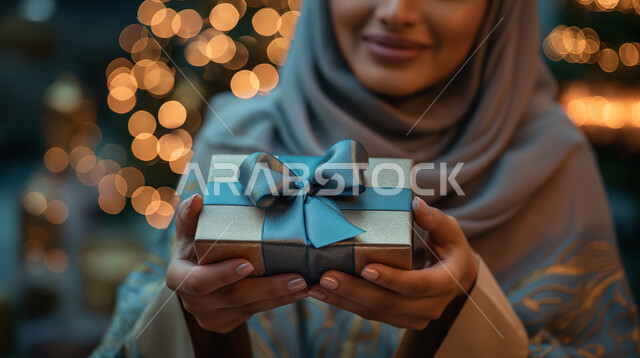 هدية للأعياد والمناسبات السعيدة، إيماءات الفرح والسعادة بالحصول على الهدايا, امرأة عربية خليجية سعودية مبتسمة محجبة ترتدي عباءة ملونة تحمل بيدها علبة هدية أنيقة