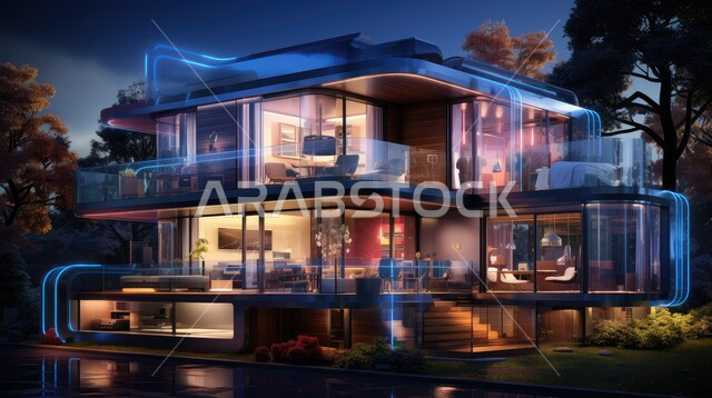 التقسيم الهندسي المميز للغرف داخل المنزل، الواجهات الزجاجية الكبيرة المطلة على الخارج، التصاميم الحديثة للفلل والشقق السكنية في المملكة العربية السعودية، الديكورات المعاصرة المتطورة، الأضواء والاكسسوارات العصرية الفاخرة، بيوت سوبر ديلوكس بأثاث أنيق
