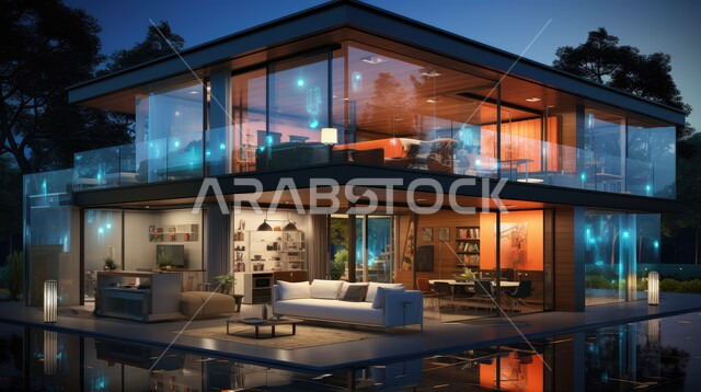 Distinctive geometric division of rooms inside the house, large glass facades overlooking the outside, modern designs of villas and residential apartments in the Kingdom of Saudi Arabia, advanced contemporary decorations, luxurious modern lights and accessories, super deluxe homes with elegant furniture