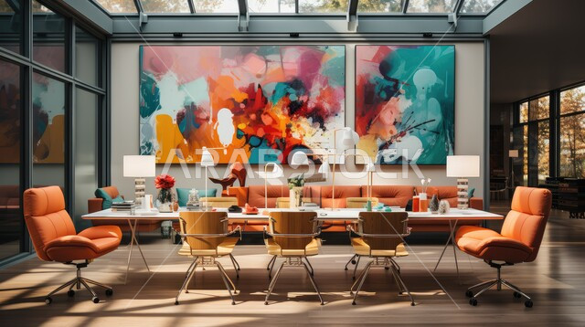 Office furniture in different and harmonious colors, a study room with modern interior decorations and designs, a modern and elegant contemporary design, cultural places and study halls in the Kingdom of Saudi Arabia, wooden tables surrounded by colorful chairs, accessories and paintings in loud colors