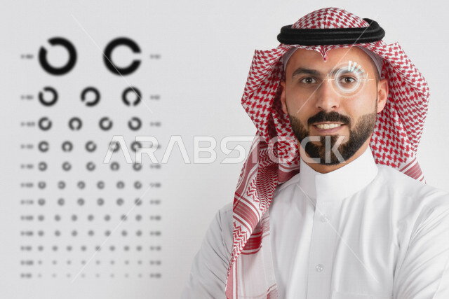 صورة مقربة لشاب عربي خليجي سعودي يجري فحوصات طبية خاصة بالعيون ، اختبار قياس النظر ، فحص النظر بواسطة الرسم C ، تركيب عدسات النظارات الطبية ، اجراء الفحوصات اللازمة .