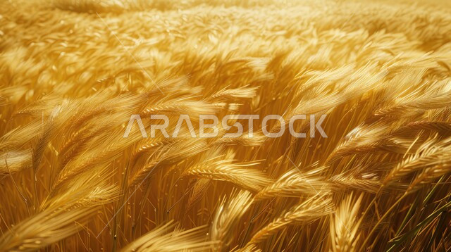   مجموعة من الأعشاب البرية التي تتمايل مع الرياح، محاصيل زراعية وطنية، السنابل الذهبية اللامعة تحت أشعة الشمس، حقول ومزارع القمح،المناظر الطبيعية في المملكة العربية السعودية، الاعتماد على الانتاج المحلي والاكتفاء الذاتي