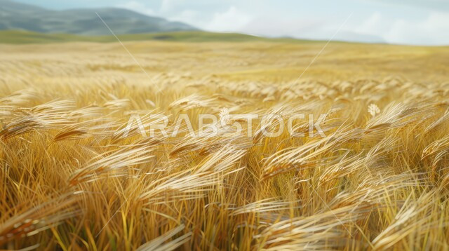   مجموعة من الأعشاب البرية التي تتمايل مع الرياح، محاصيل زراعية وطنية، السنابل الذهبية اللامعة تحت أشعة الشمس، حقول ومزارع القمح،المناظر الطبيعية في المملكة العربية السعودية، الاعتماد على الانتاج المحلي والاكتفاء الذاتي