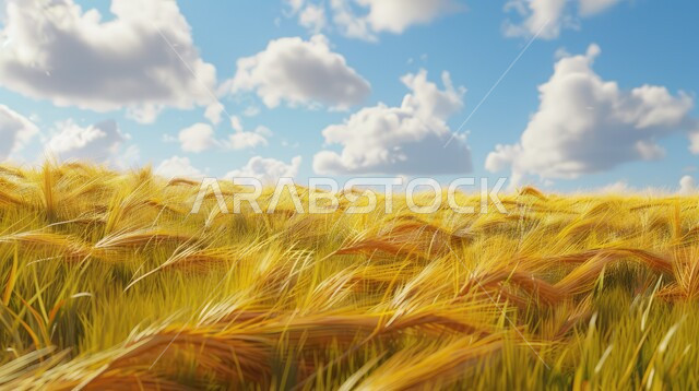   مجموعة من الأعشاب البرية التي تتمايل مع الرياح، محاصيل زراعية وطنية، السنابل الذهبية اللامعة تحت أشعة الشمس، حقول ومزارع القمح،المناظر الطبيعية في المملكة العربية السعودية، الاعتماد على الانتاج المحلي والاكتفاء الذاتي