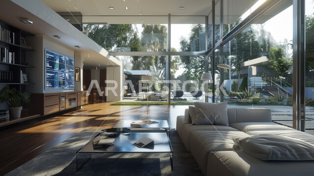 الاعتماد على الاجهزة المتطورة في البيوت المعاصرة، دمج الذكاء الاصطناعي مع الديكورات المنزلية الداخلية، منزل بأثاث ابيض انيق وتقنيات متقدمة، مفهوم التطور ومواكبة الالكترونيات, تصاميم عصرية للمنازل الذكية