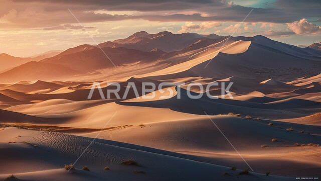 Sunset view on soft golden sand, dry environment and desert terrain, sand formations and formations, hills and dunes of sand in the deserts of Saudi Arabia