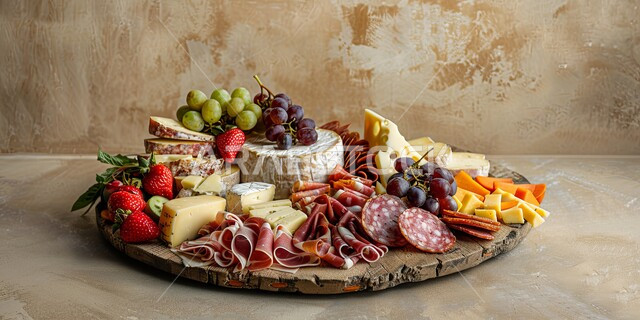 طبق خشبي مليء بأصناف متنوعة ومختلفة من الأكلات اللذيذة، الأساليب الفنية في تقديم الفاكهة المنعشة والثمار الطازجة مع اللحومات والأجبان الباردة، منتجات ومحاصيل زراعية وطنية محلية سعودية، سناكات ووجبات خفيفية صحية، أطعمة غنية بالفيتامينات والعناصر الغذائية المهمة