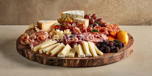 طبق خشبي مليء بأصناف متنوعة ومختلفة من الأكلات اللذيذة، الأساليب الفنية في تقديم الفاكهة المنعشة والثمار الطازجة مع اللحومات والأجبان الباردة، منتجات ومحاصيل زراعية وطنية محلية سعودية، سناكات ووجبات خفيفية صحية، أطعمة غنية بالفيتامينات والعناصر الغذائية المهمة