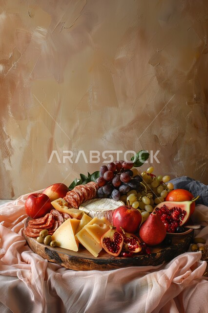 طبق خشبي مليء بأصناف متنوعة ومختلفة من الأكلات اللذيذة، الأساليب الفنية في تقديم الفاكهة المنعشة والثمار الطازجة مع اللحومات والأجبان الباردة، منتجات ومحاصيل زراعية وطنية محلية سعودية، سناكات ووجبات خفيفية صحية، أطعمة غنية بالفيتامينات والعناصر الغذائية المهمة