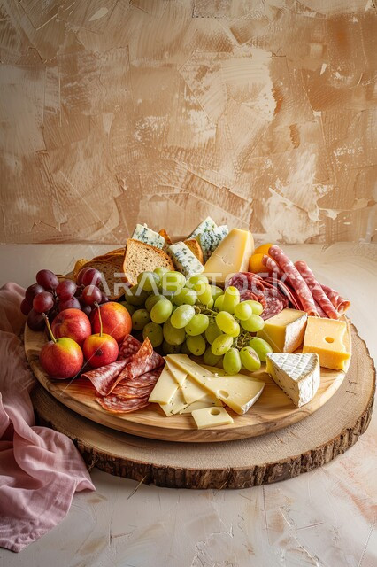 طبق خشبي مليء بأصناف متنوعة ومختلفة من الأكلات اللذيذة، الأساليب الفنية في تقديم الفاكهة المنعشة والثمار الطازجة مع اللحومات والأجبان الباردة، منتجات ومحاصيل زراعية وطنية محلية سعودية، سناكات ووجبات خفيفية صحية، أطعمة غنية بالفيتامينات والعناصر الغذائية المهمة