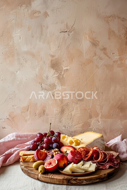 الأساليب الفنية في تقديم الفاكهة المنعشة والثمار الطازجة مع اللحومات والأجبان الباردة، منتجات ومحاصيل زراعية وطنية محلية سعودية، طبق خشبي مليء بأصناف متنوعة ومختلفة من الأكلات اللذيذة، سناكات ووجبات خفيفية صحية، أطعمة غنية بالفيتامينات والعناصر الغذائية المهمة