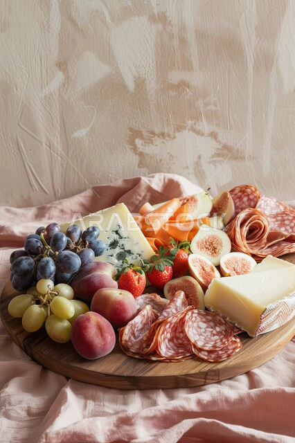 الأساليب الفنية في تقديم الفاكهة المنعشة والثمار الطازجة مع اللحومات والأجبان الباردة، منتجات ومحاصيل زراعية وطنية محلية سعودية، طبق خشبي مليء بأصناف متنوعة ومختلفة من الأكلات اللذيذة، سناكات ووجبات خفيفية صحية، أطعمة غنية بالفيتامينات والعناصر الغذائية المهمة