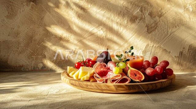 الأساليب الفنية في تقديم الفاكهة المنعشة والثمار الطازجة مع اللحومات والأجبان الباردة، منتجات ومحاصيل زراعية وطنية محلية سعودية، طبق خشبي مليء بأصناف متنوعة ومختلفة من الأكلات اللذيذة، سناكات ووجبات خفيفية صحية، أطعمة غنية بالفيتامينات والعناصر الغذائية المهمة