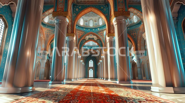 النقوش والزخارف للاعمدة والاقواس على الطراز الاسلامي، الفن الهندسي المعماري لمسجد عربي عريق، مفهوم العبادة والتقرب إلى الله تعالى، التصاميم والديكورات الداخلية الأنيقة للمساجد
