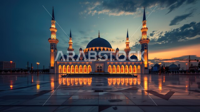 الفن الهندسي المعماري للمآذن والقبب المضيئة ليلا، العبادة والتقرب الى الله تعالى، مسجد بديكورات وتصاميم اسلامية على الطراز العصري العريق، أماكن ومعالم اسلامية دينية مقدسة