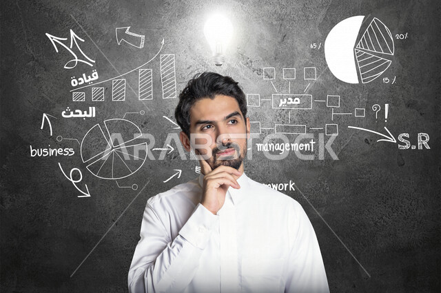 صورة مقربة لرجل عربي خليجي سعودي يضع يده على وجهه و يفكر ، فوق رأسه مصباح مضيئ بتقنية الهولوجرام ثلاثية الأبعاد ، أمام خلفية تحتوي على رسومات سكتش لأيقونات خاصة بالادارة و الريادة المالية ، ايماءات و تعابير للوجه و اليد .