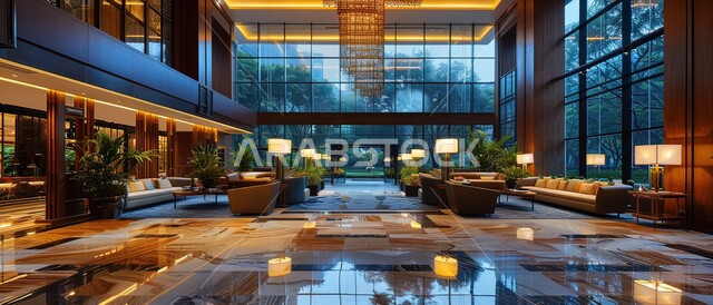 الفن الهندسي المعماري الحديث, الديكورات الداخلية للفنادق الفاخرة في المملكة العربية السعودية, غرفة استقبال بألوان راقية، الاهتمام والرعاية بنبات الزينة الأخضر, التصميم المتطور للمنشآت والمباني العصرية, الواجهات الزجاجية المطلة على الطبيعة في المنتجعات السياحية