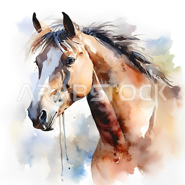  إتباع تقاليد الأجداد برعاية وتربية الجياد، توارث شغف وحب الخيل السعودي وعلاقة أبناء الوطن به، لوحة فنية بالوان مائية لحصان عربي أصيل، ديكورات وتصاميم فنية عصرية, رمز الفروسية والشجاعة، خلفية بيضاء