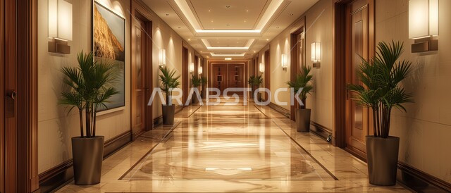 الاهتمام بنباتات الزينة داخل الفنادق والمنتجعات الحديثة، الفن الهندسي المعماري الحديث، اللوحات المعلقة على الجدران واللإضاءة الكلاسيكية، الديكورات والتصاميم الداخلية العصرية المتطورة لممر فندق فاخر
